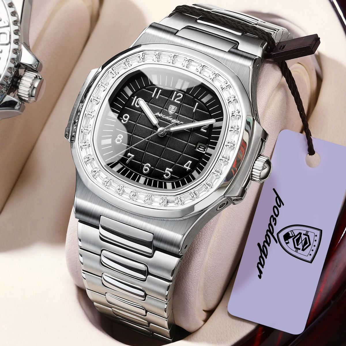 Reloj de pulsera para hombre POEDAGAR Fashion Square, con fecha, acero inoxidable, casual, de alta calidad, resistente al agua, luminoso, de cuarzo