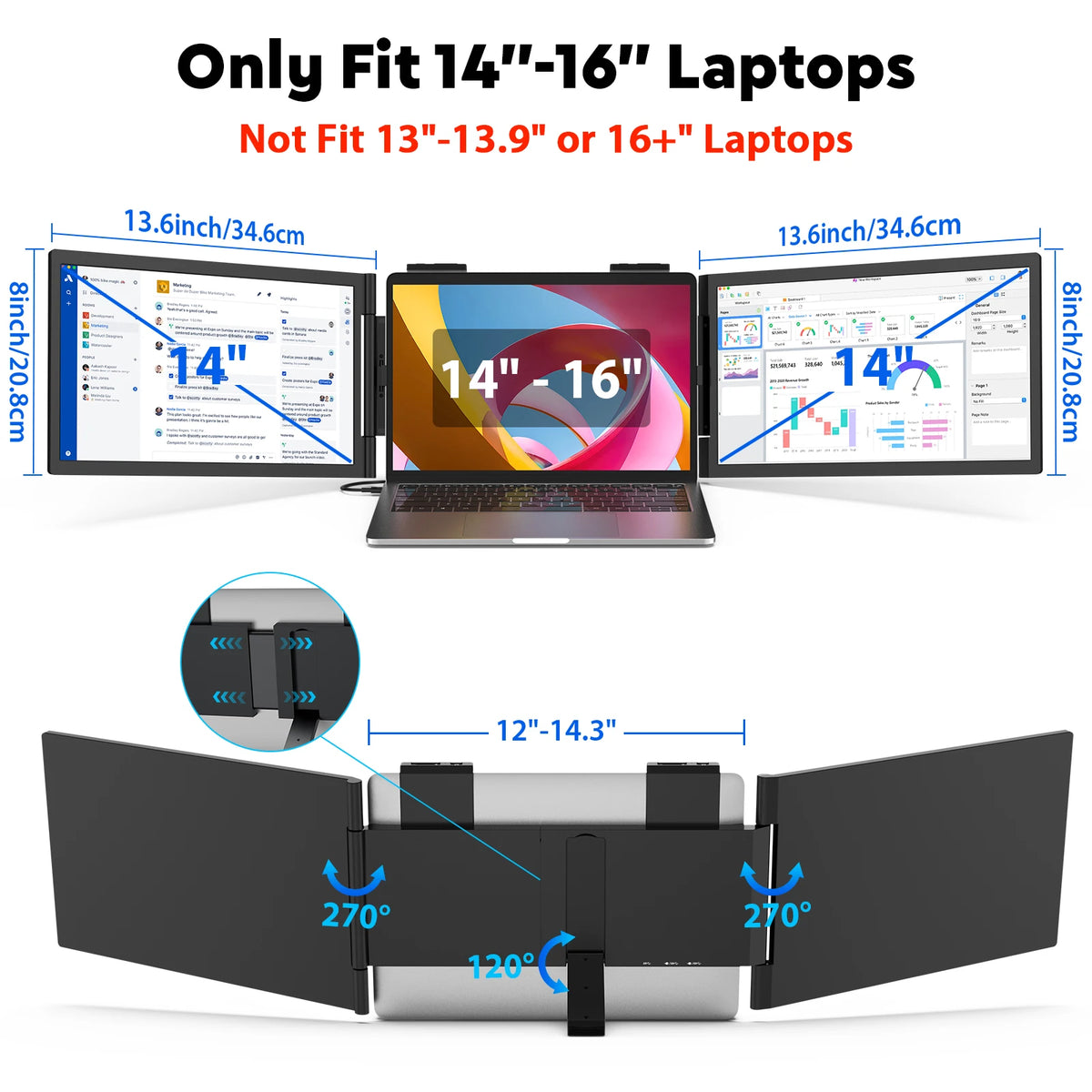 Monitor triple para portátiles Amoudo de 14 pulgadas, 1920*1080P, 60HZ, IPS, portátil, con puerto USB-C para portátiles de 14 a 16.5" Windows/Mac, monitor móvil para Xbox, monitor portátil