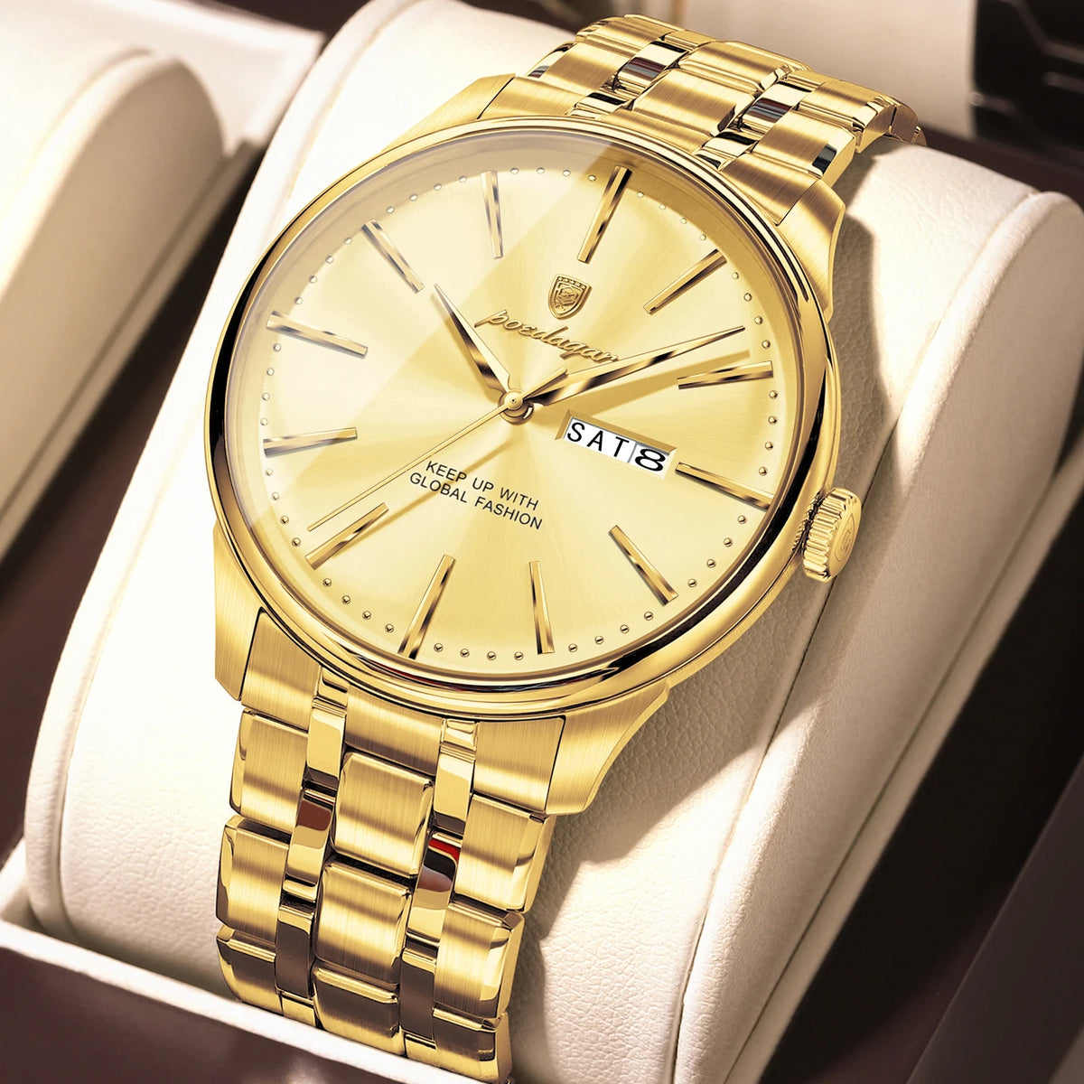 Reloj de cuarzo POEDAGAR para hombre, estilo ejecutivo, resistente al agua, de acero inoxidable, elegante, color dorado, con fecha y día