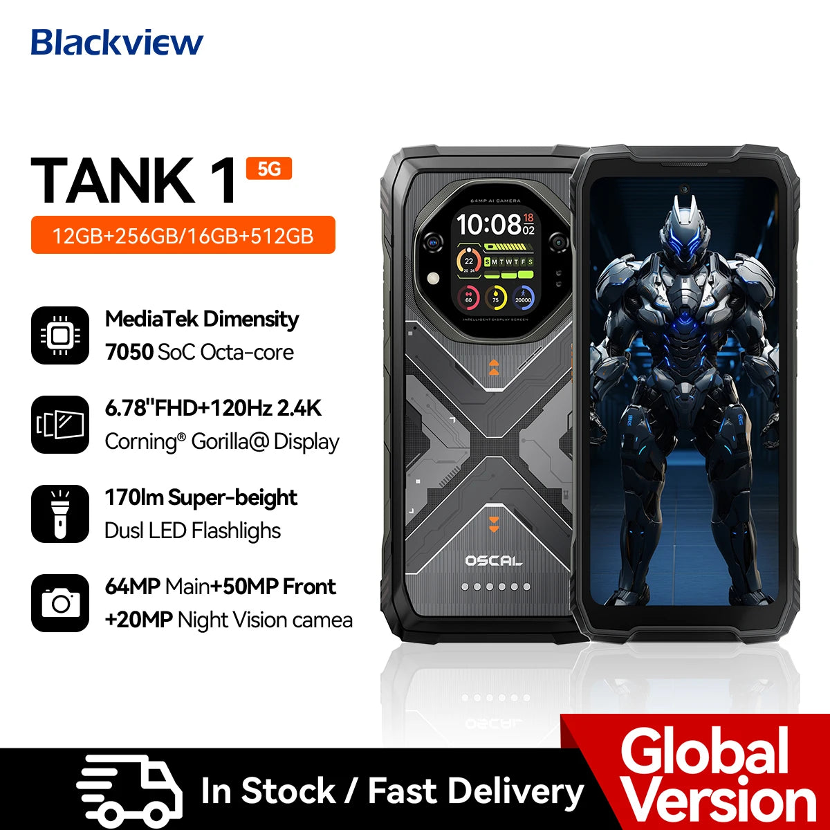 Smartphone resistente Blackview OSCAL TANK 1 5G, 20000mAh/55W, pantalla FHD+ de 6,78" a 120Hz, MTK7050, cámara Android, IP68/IP69K/GPS/NFC