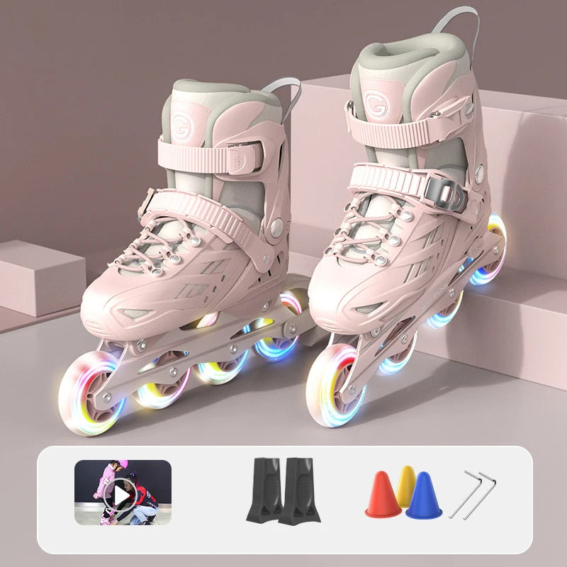 Patines en línea con casco, coderas y rodilleras, juego de bolsa para zapatos, zapatillas Flash de 4 ruedas para niños y niñas, zapatos de Skate ajustables