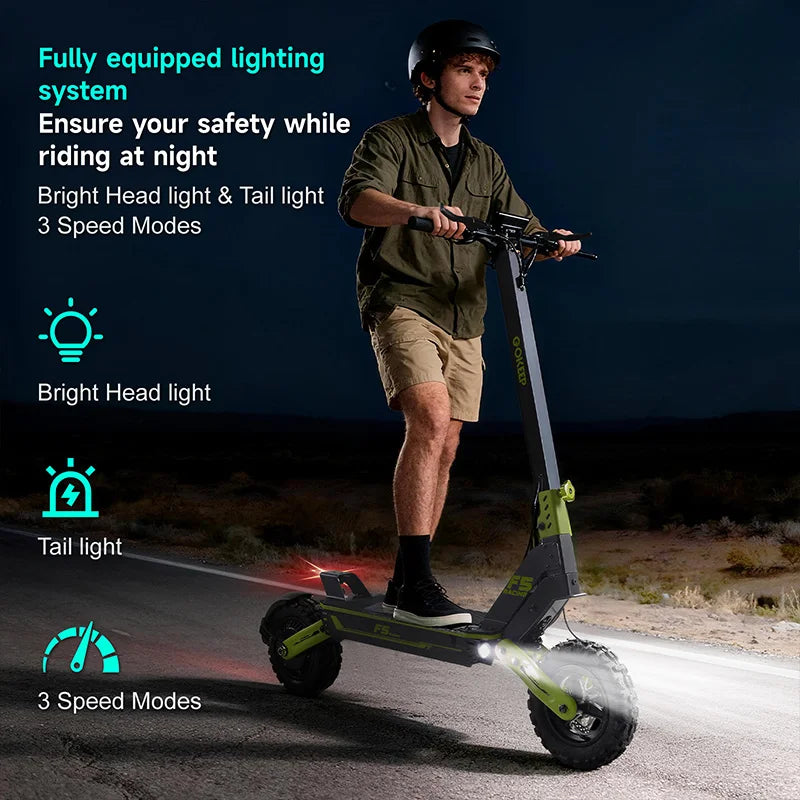 Patinete eléctrico verde con faro delantero y luz trasera, listo para conducción nocturna