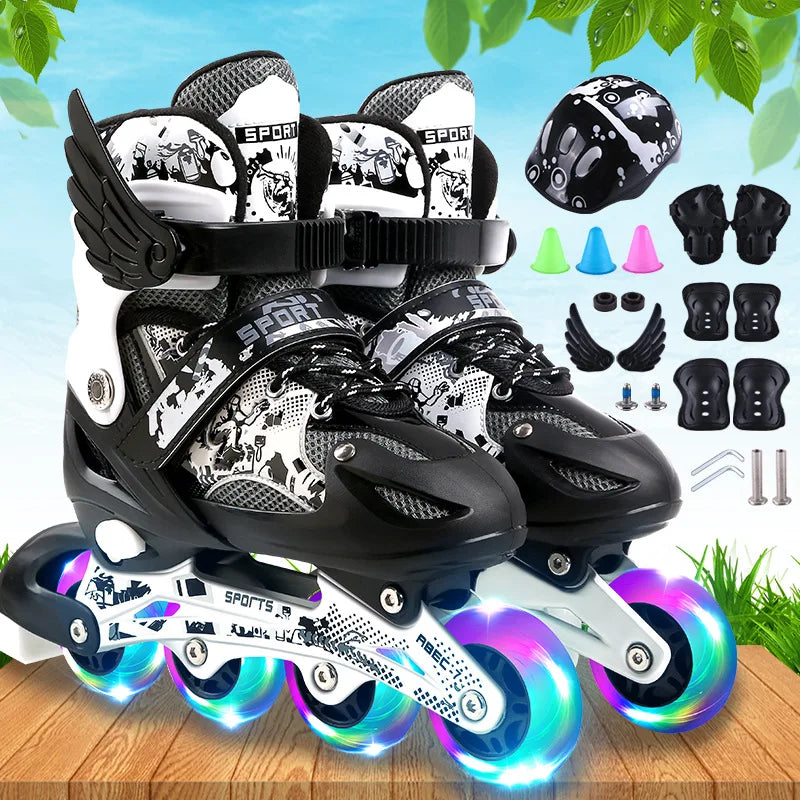 Patines Flash tamaño ajustable 26-42 para niños niñas zapatillas de patinaje al aire libre zapatos de patín de 4 ruedas con casco, rodillera para codo