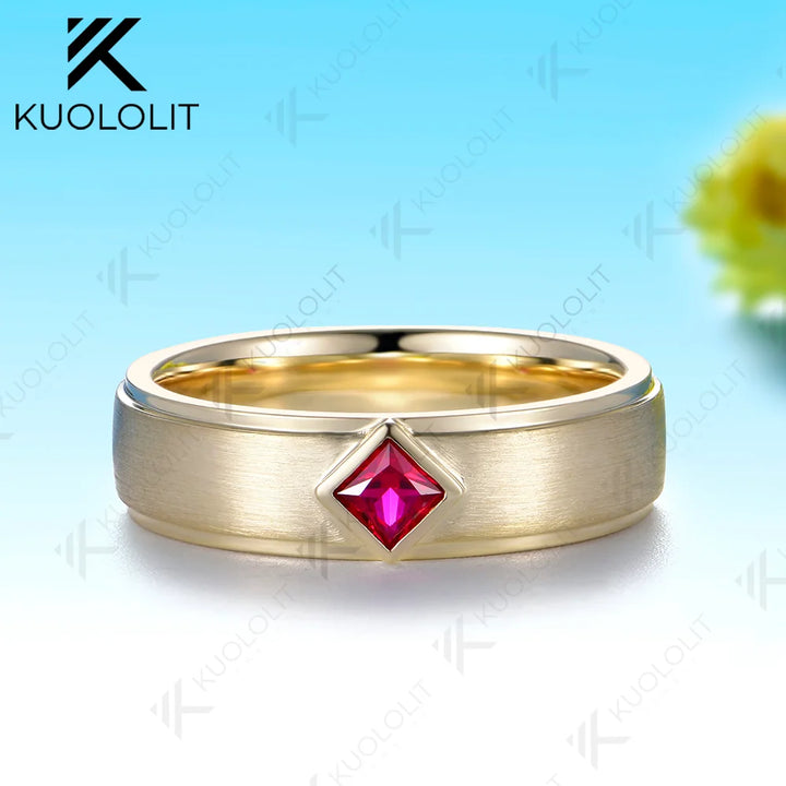 Anillo de Boda Kuololit con Rubí Cultivado en Laboratorio, Personalizado para Mujer y Hombre, Oro Amarillo Sólido de 14K, 10K, 585, 6mm, para Regalos de Navidad y Fiestas