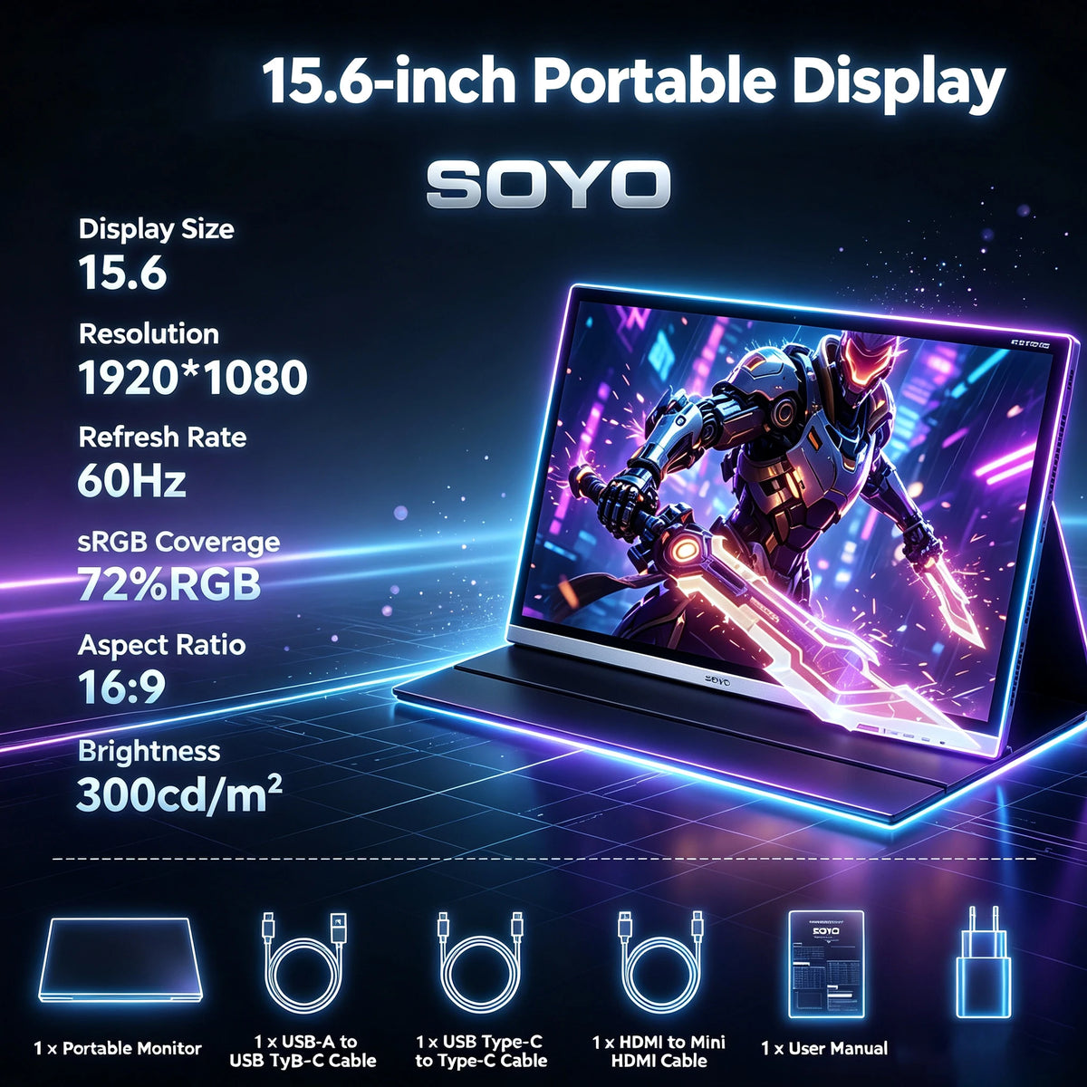 Monitor portátil SOYO SY15FN60, pantalla LCD FHD de 15.6 pulgadas 1080P 60Hz, 72% sRGB, pantalla externa de 300cd/m² para laptop, Xbox, PS5, Switch, TV box, teléfono celular y PC; monitor portátil de viaje con conexión p