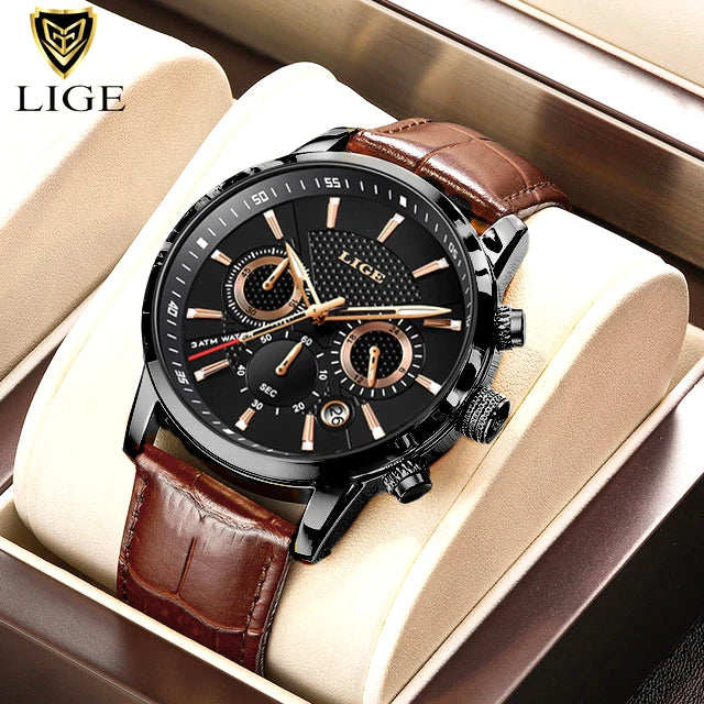 Nuevo reloj para hombre LIGE, diseño de negocios a la moda con correa de cuero genuino marrón, reloj de cuarzo deportivo impermeable con calendario para hombre