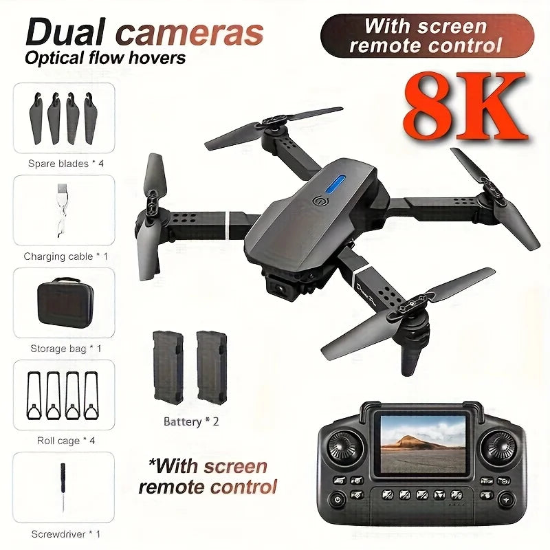 Kit de dron plegable negro con cámaras dobles y mando con pantalla LCD 8K.