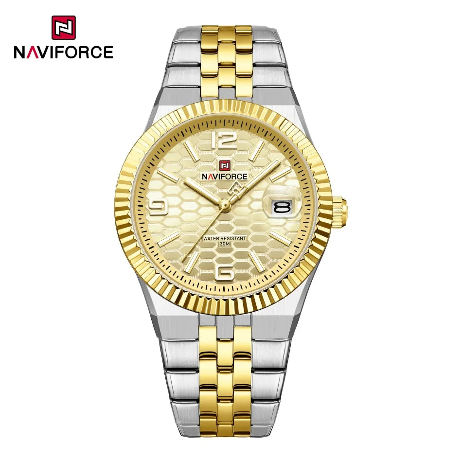 Reloj NAVIFORCE para hombre, de negocios, con esfera redonda, acero inoxidable, textura de panal, fecha, manecillas luminosas, cuarzo resistente al agua