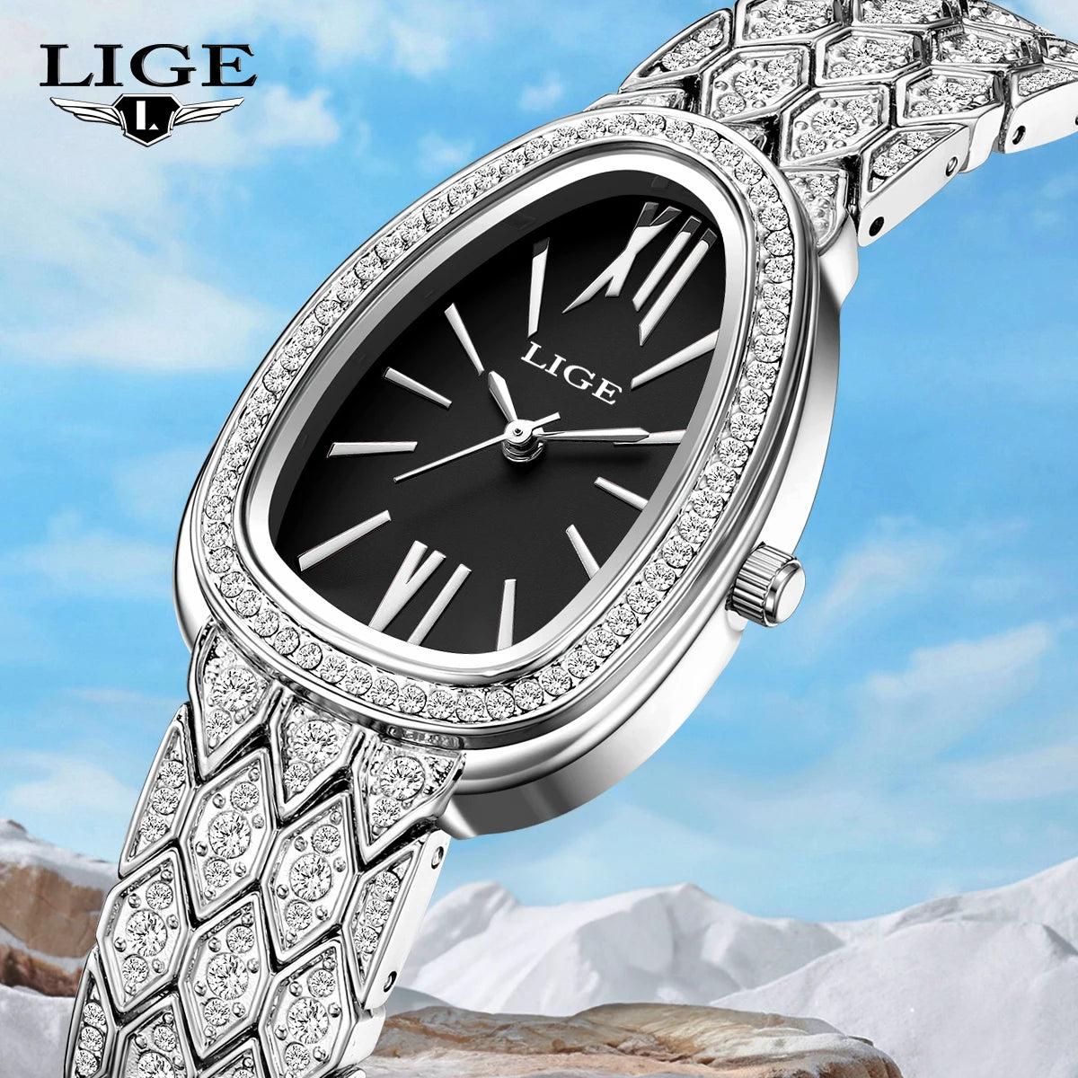 Relojes para mujer LIGE, reloj de pulsera de lujo a la moda, con esfera ovalada incrustada de diamantes y números romanos, reloj de cuarzo para mujer
