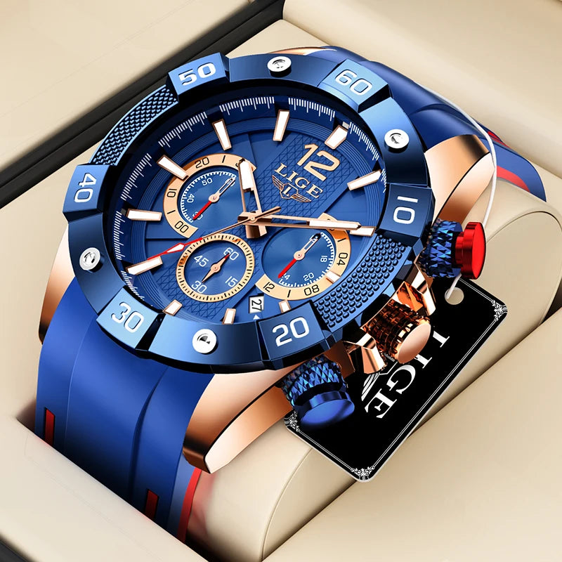 Reloj de hombre LIGE casual, de moda y negocios, con esfera grande de silicona, resistente al agua, luminoso, cronógrafo, reloj de pulsera de cuarzo para hombre