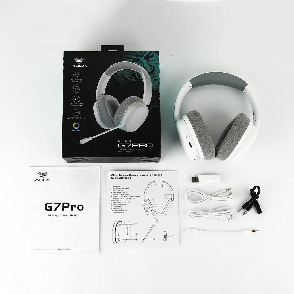 Auriculares AULA G7 Pro blancos con almohadillas grises y caja de accesorios