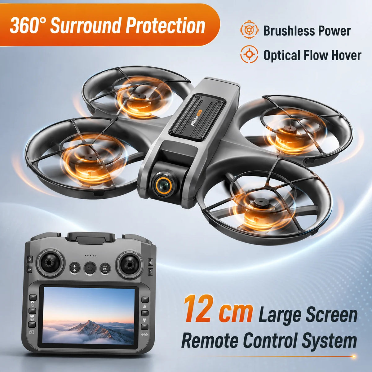 Drone RC gris oscuro con cuatro hélices y controlador con pantalla grande.