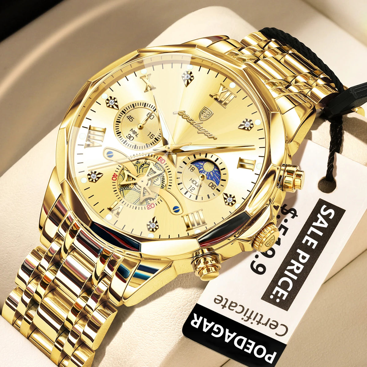 POEDAGAR Reloj de Lujo para Hombre, Reloj de Pulsera Cronógrafo Luminoso Impermeable Original Superior, de Acero Inoxidable, Relojes de Cuarzo para Hombre, Reloj