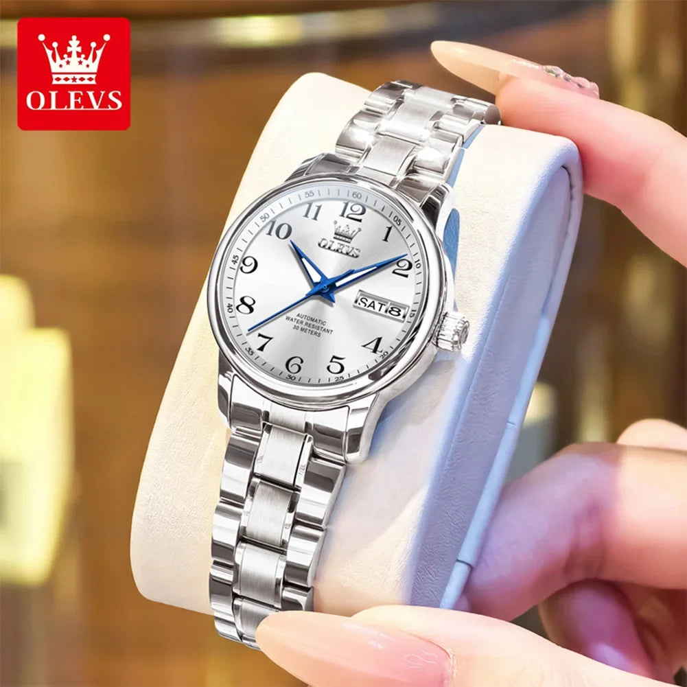 Reloj mecánico sencillo OLEVS 7072 para mujer, con fecha automática, números, marca de prestigio, resistente al agua y movimiento automático.