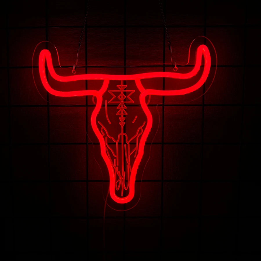 Señal LED de neón para pared con silueta de toro roja con patrón interior, colgada
