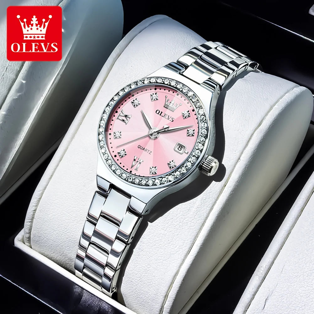 Reloj de cuarzo para mujer OLEVS, elegante y delicado, con espejo de rombos, bisel de diamantes de lujo, correa de acero, calendario, resistente al agua, modelo 5628