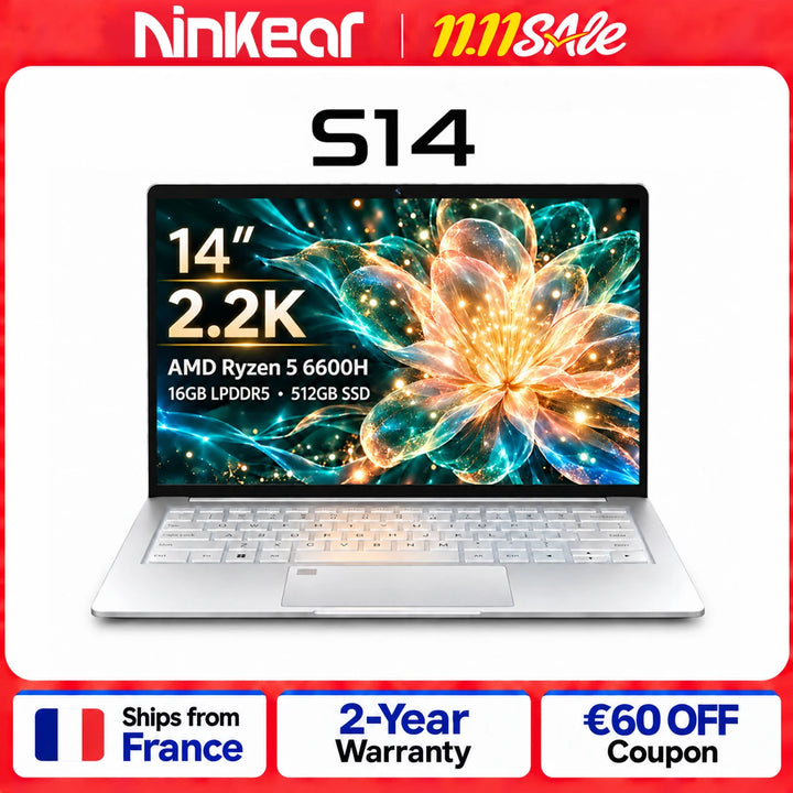 Ninkear S14 Ligero Portátil 14 Pulgadas Pantalla IPS 2.2K AMD Ryzen 5 6600H 16GB RAM LPDDR5 512GB SSD Windows 11 WiFi 6 lector de huella teclado retroiluminado para oficina estudio