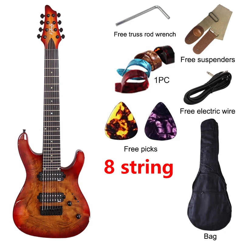 Guitarra Eléctrica de 7 y 8 Cuerdas, 39 Pulgadas, Tapa de Madera de Okoume, Cuerpo de Madera de Okoume, Mástil de Arce Canadiense, Acabado Brillante, Alta Calidad, Rojo y Azul