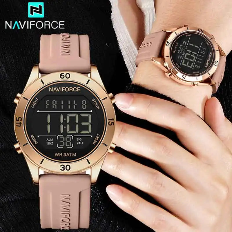 Reloj digital electrónico de moda para mujer NAVIFORCE con cronógrafo LED, luminoso, resistente al agua 5ATM y correa de silicona deportiva