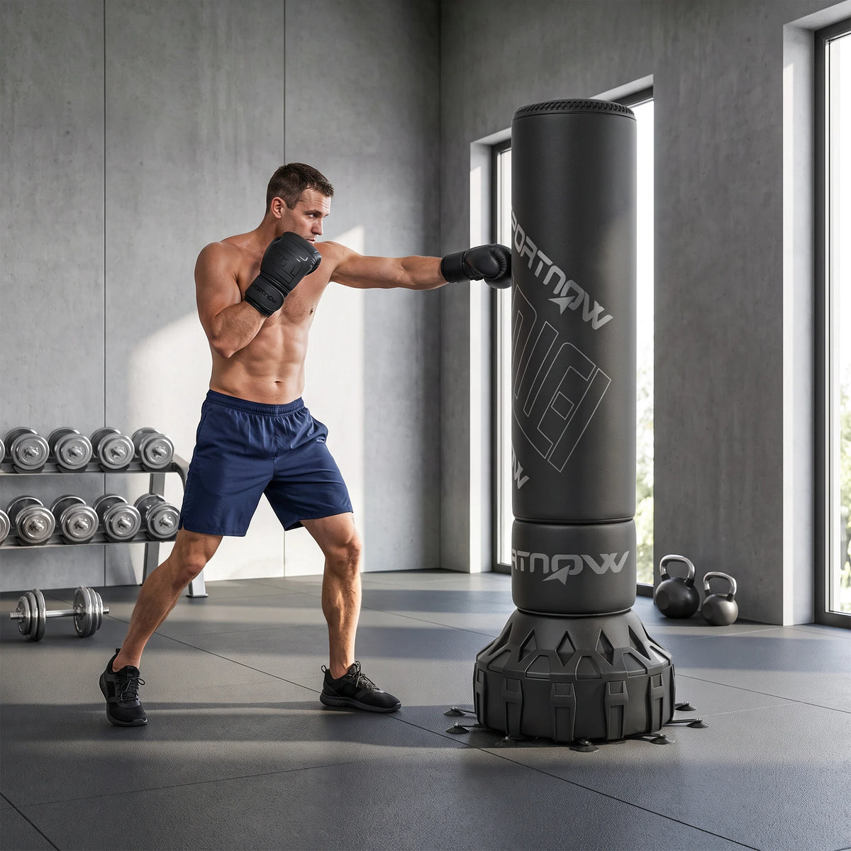 SPORTNOW Saco de Boxeo de Pie para Adultos 180 cm, Punching Ball Pesado con 20 Ventosas, Absorción de Impactos, Guantes, Base Rellenable de Arena 120 kg o Agua 70 kg, para Kickboxing, MMA, Muay Thai