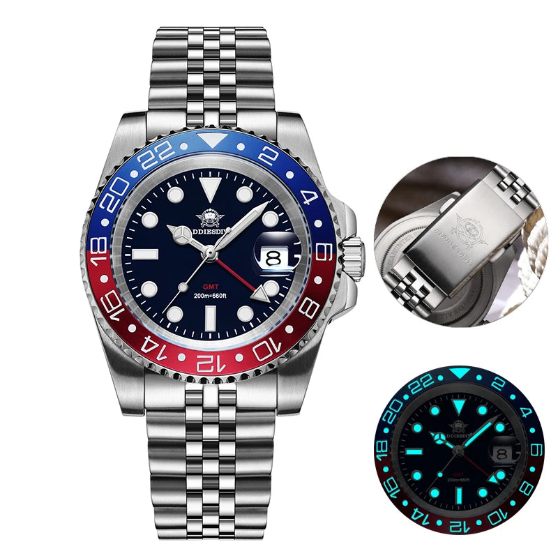 Reloj ADDIESDIVE AD2050 de lujo con GMT, acero inoxidable, súper luminoso, resistencia al agua de 20 bares, reloj de cuarzo para hombre con bisel de cerámica