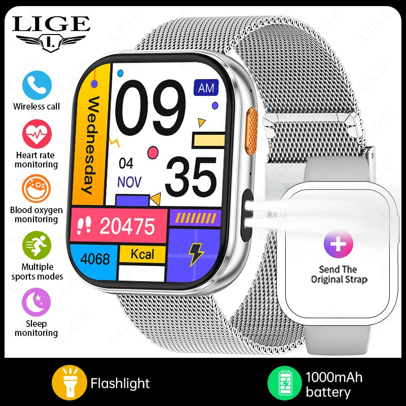 Reloj inteligente LIGE AMOLED para hombre, pantalla de 2.04, llamadas Bluetooth, monitor de salud, resistente al agua IP68, reloj inteligente deportivo para mujer, nuevo para Android iOS