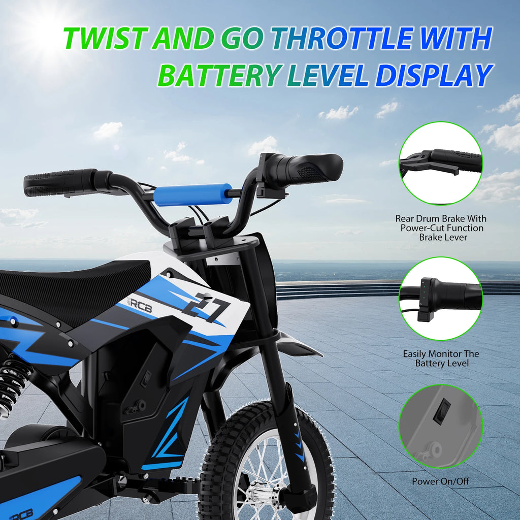 RCB KIDS R9X electric Motorbike child 300W, 36V 5.2Ah,15,5 MPH, 9,3 miles. Secure vehicle, perfect gift for children 3-12