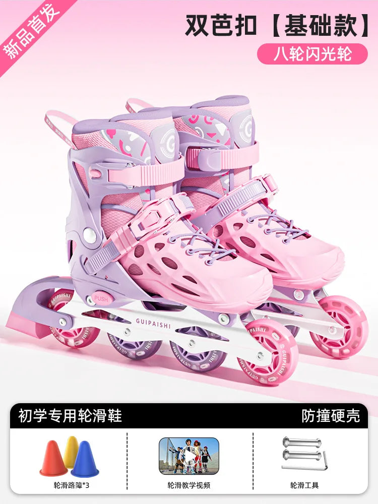 Patines en Línea con 4 Ruedas y Luces Intermitentes, con Juego Completo de Protección, Casco, Rodilleras, Coderas, Bolsa de Transporte, Talla Ajustable para Niños y Niñas