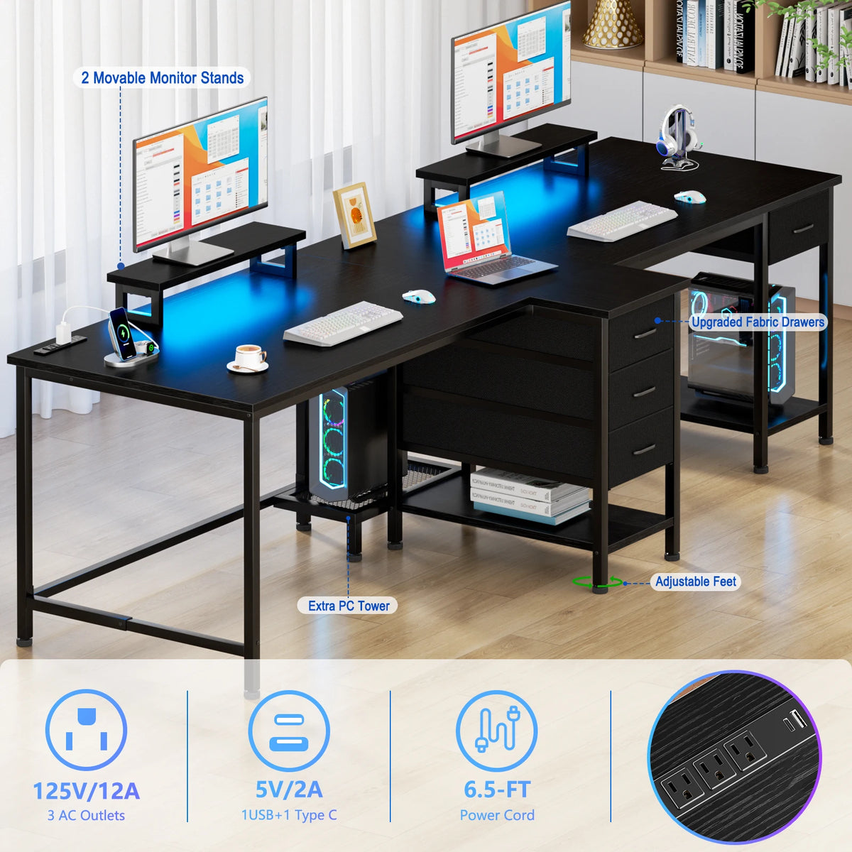 Escritorio negro con luces LED azules, 2 soportes de monitor y cajón inferior