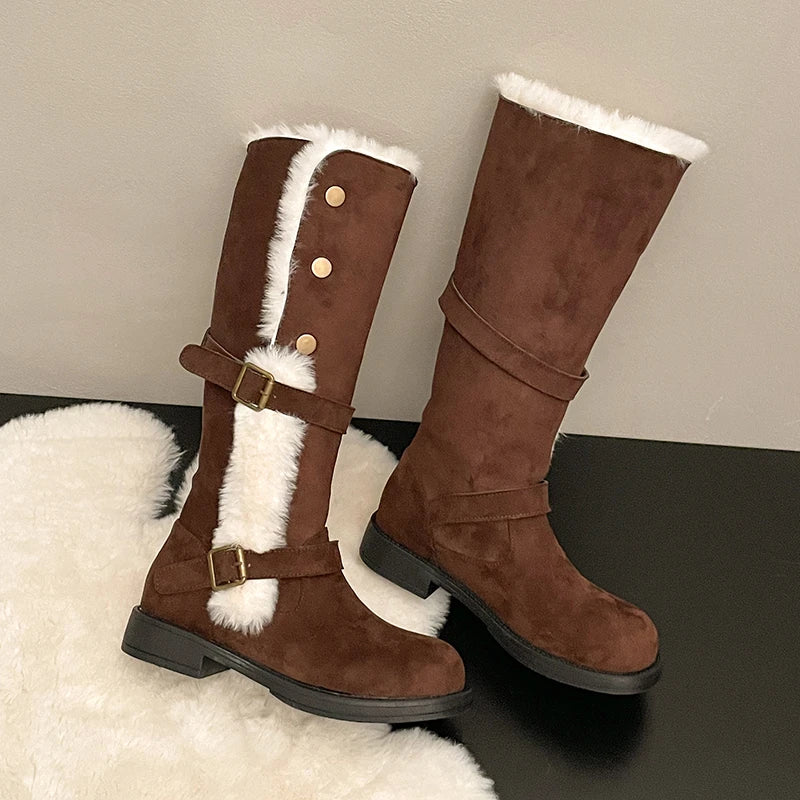 Botas de nieve de caña media, cálidas y con forro grueso, de punta redonda, suaves y antideslizantes, con plantilla de algodón.