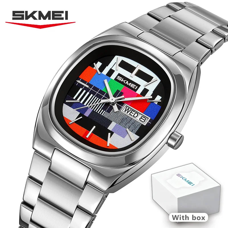 Reloj SKMEI retro para hombre, sencillo, dorado, caja ovalada, esfera con patrón de prueba de TV, correa de acero inoxidable, hora, semana, fecha, resistente al agua 30M, 9375