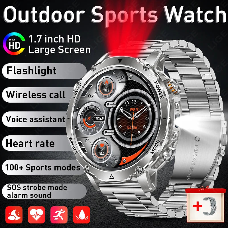 Reloj inteligente militar LIGE para hombre, batería ultraduradera de 1100 mAh, resistente al agua 10ATM, frecuencia cardíaca, linterna, pulsera deportiva, reloj inteligente para hombre y mujer