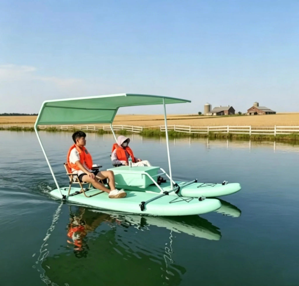 Bote Inflable Personalizable Canopy Cat - Catamarán con Remos y Toldo, Motor Eléctrico Listo para Aventuras Acuáticas