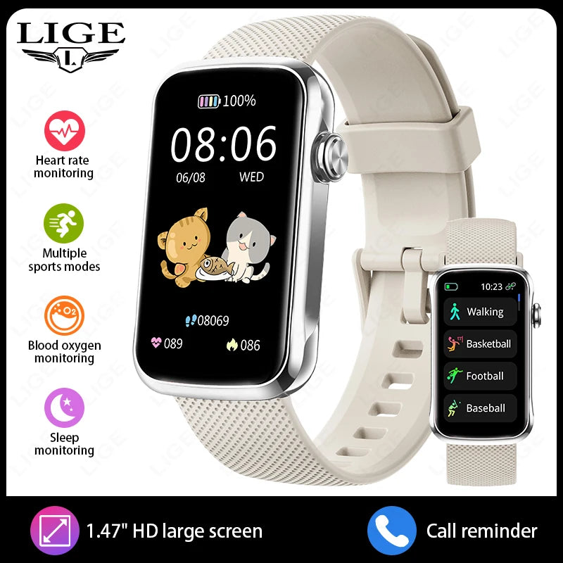 Reloj inteligente LIGE de 1.47" para mujer y hombre, pulsera inteligente con monitor de frecuencia cardíaca, contador de pasos, deporte, fitness, salud y resistente al agua, smartwatch para dama