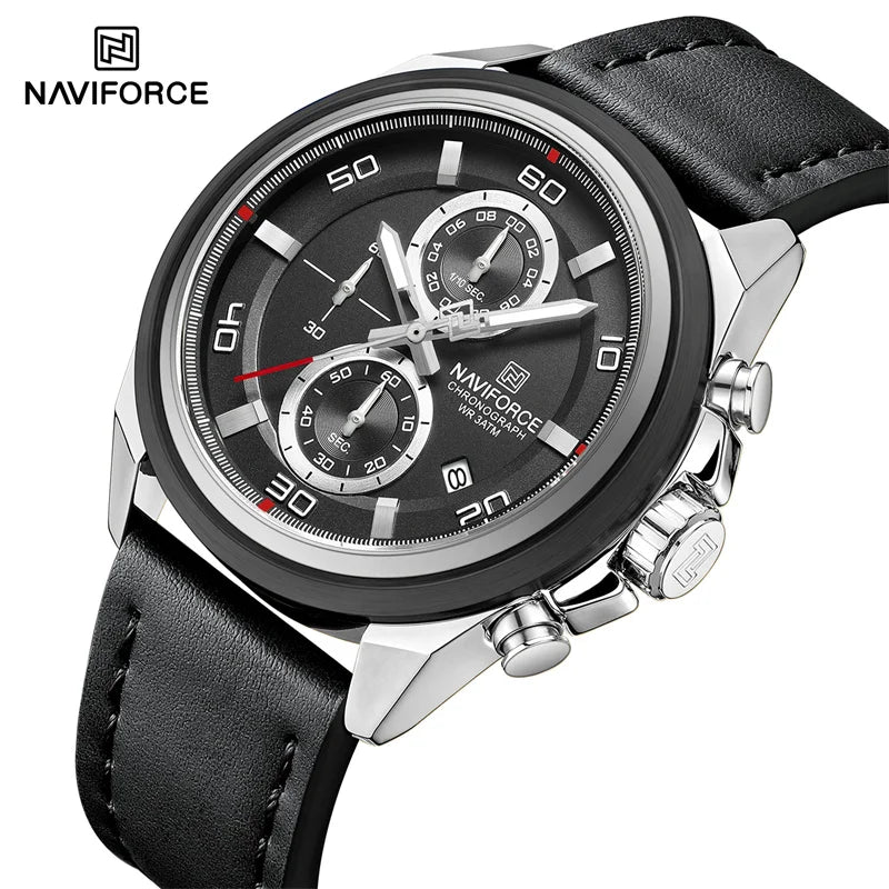 Reloj cronógrafo deportivo de lujo NAVIFORCE para hombre, resistente al agua 3ATM, militar, con manecillas luminosas, indicador de fecha y correa de cuero