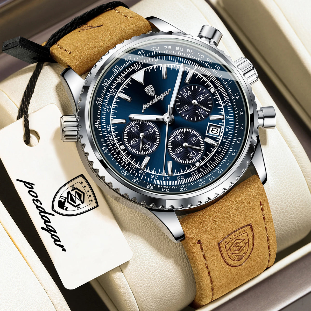 Reloj de cuarzo para hombre POEDAGAR, de negocios, resistente al agua, luminoso, con cronógrafo, fecha, correa de piel y diseño de moda