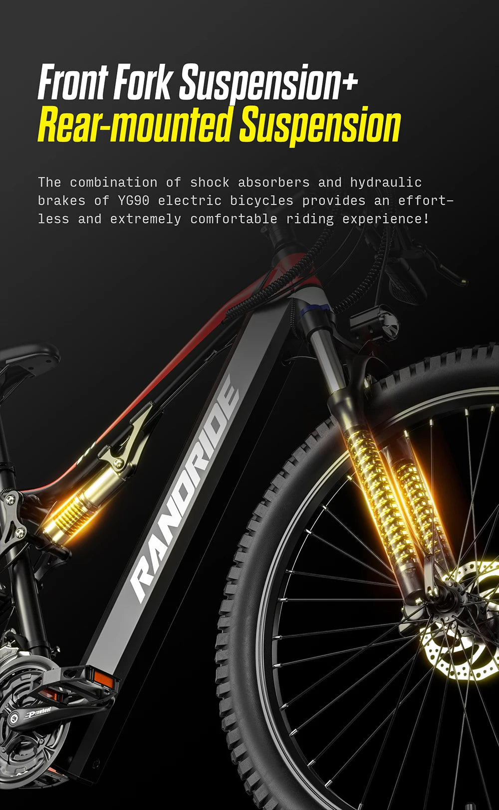 Bicicleta eléctrica de montaña urbana para adultos RANDRIDE YG90B-29 de 29 pulgadas, motor sin escobillas de 1000 W, batería de litio de gran capacidad de 48 V 17 Ah, frenos de disco hidráulicos para desplazamientos y conducción todoterreno