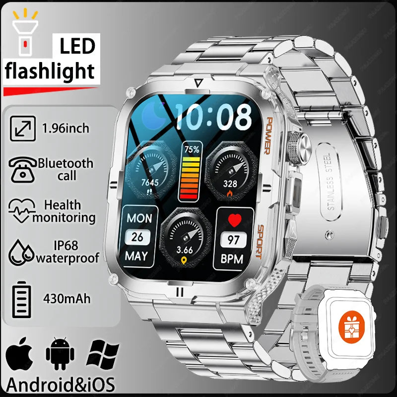 Reloj inteligente para hombre 2026, linterna LED, resistente al agua IP68, reloj deportivo para exteriores, monitoreo de salud, rastreador de actividad física para iOS y Android