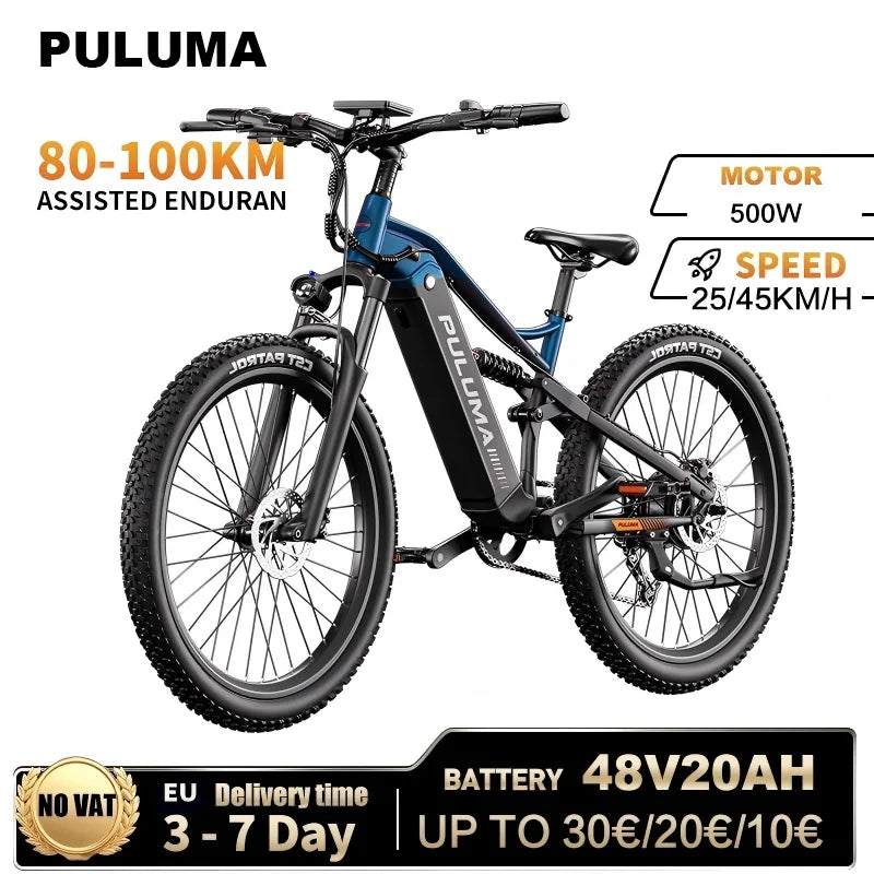 PULUMA PH001 electric mountain bike, 100N engine, 48 V 20 Ah battery, range of 70 to 150 km, DNM full suspension, hydraulic disc brakes, 9-speed aviation aluminum frame, off-road electric bike for men and women