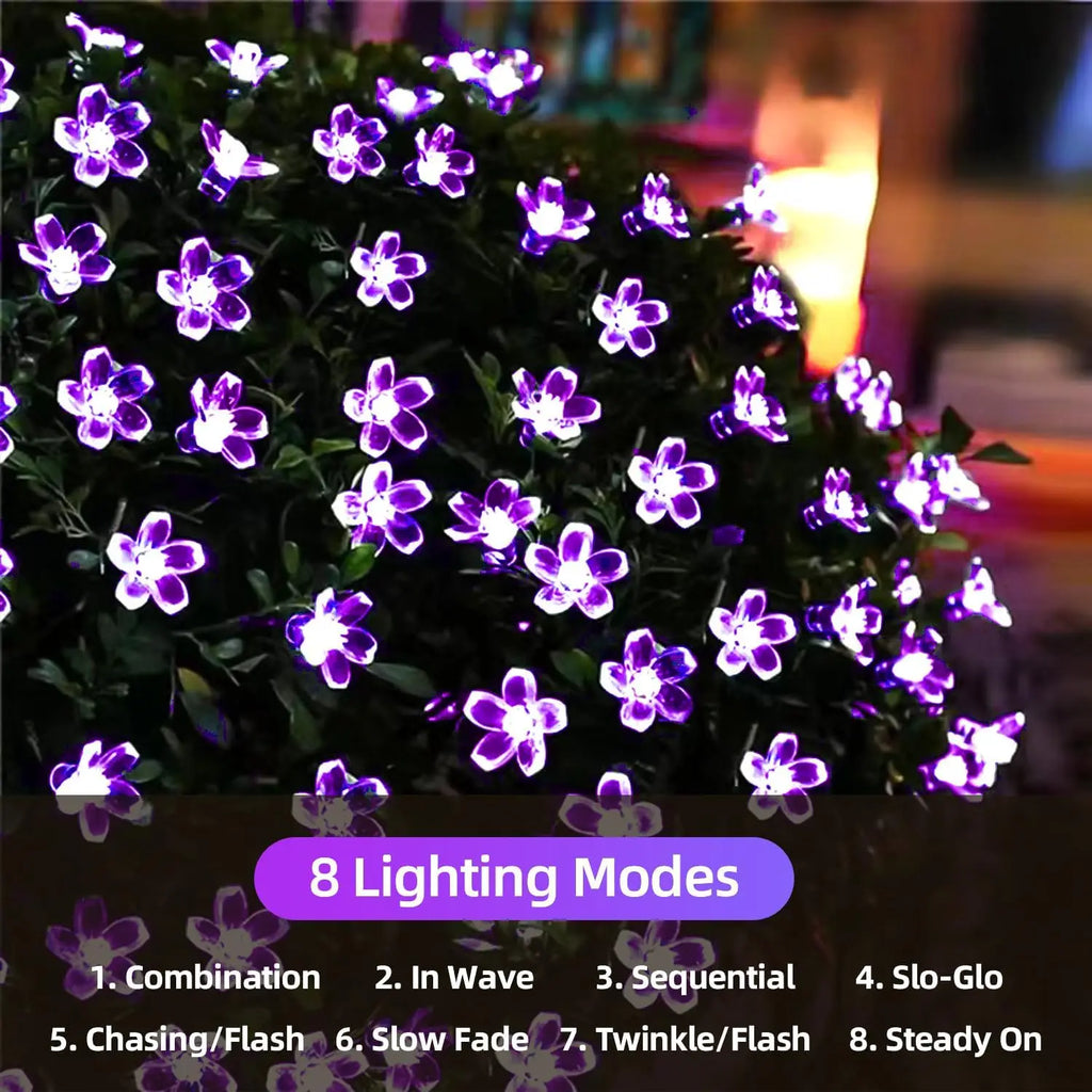 Guirnalda de luces LED solares para exteriores, flores de cerezo, 8 modos de iluminación, lámpara solar para camping, bodas y decoración navideña