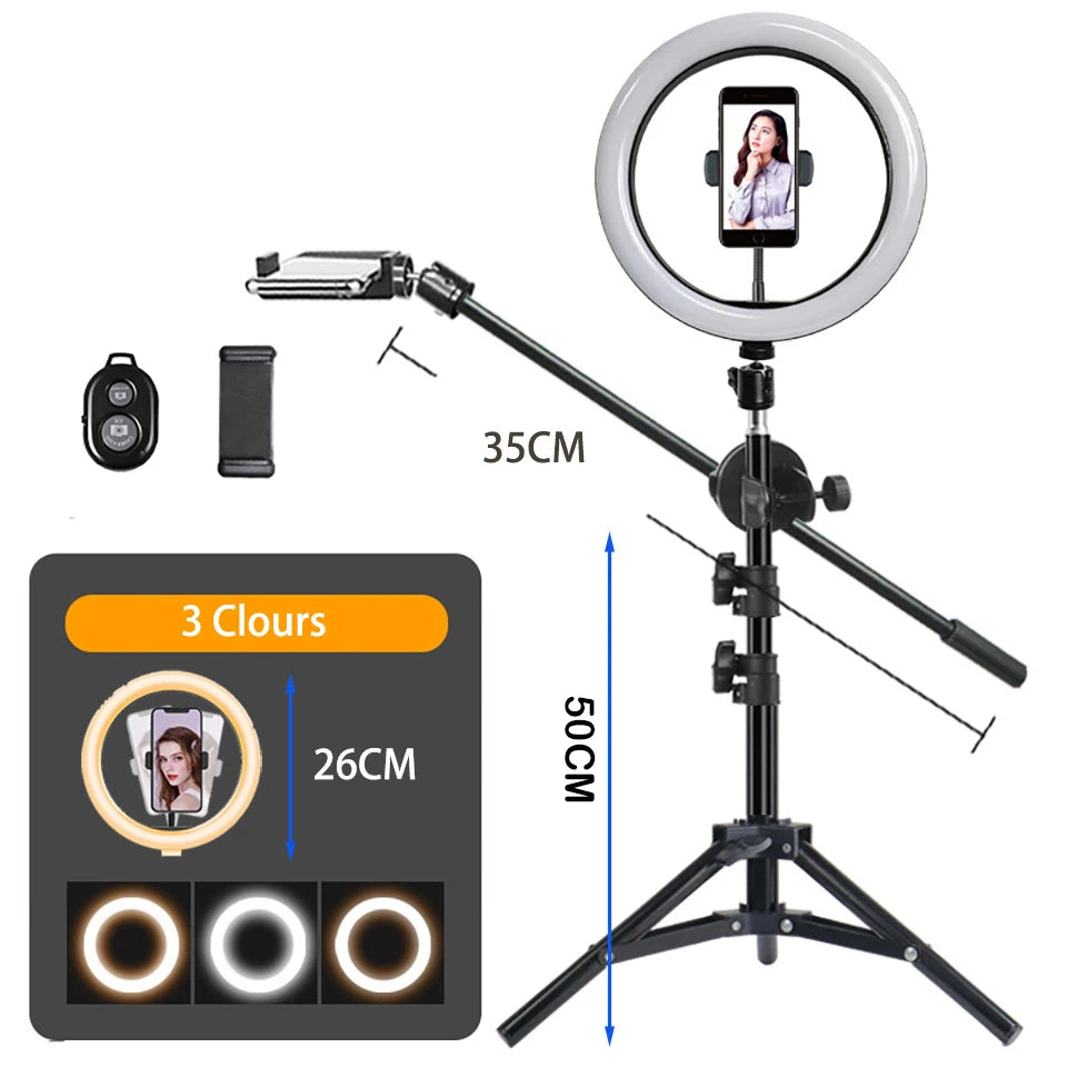 Aro de Luz LED de 26CM para Fotografía y Video, Iluminación Circular, Lámpara para Selfies, Teléfono, Cámara, Estudio Fotográfico, con Trípode y Soporte para Teléfono