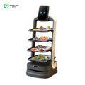 Robot de servicio autónomo con bandejas para comida, pantalla frontal negra y base gris