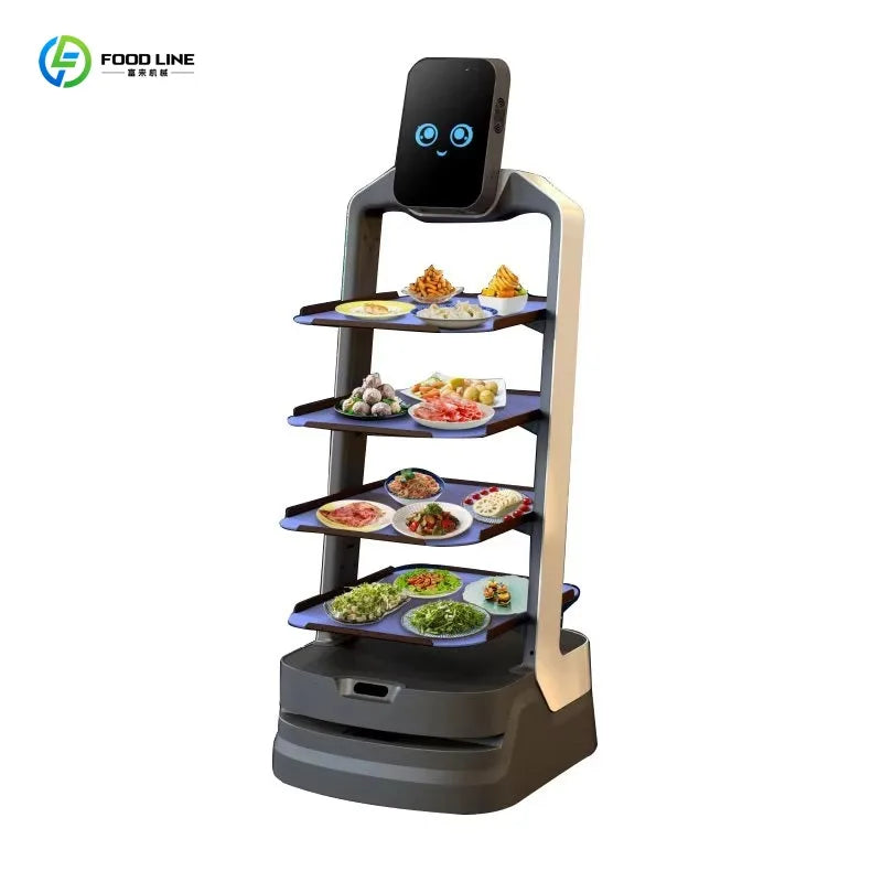 Robot de servicio autónomo con bandejas para comida, pantalla frontal negra y base gris