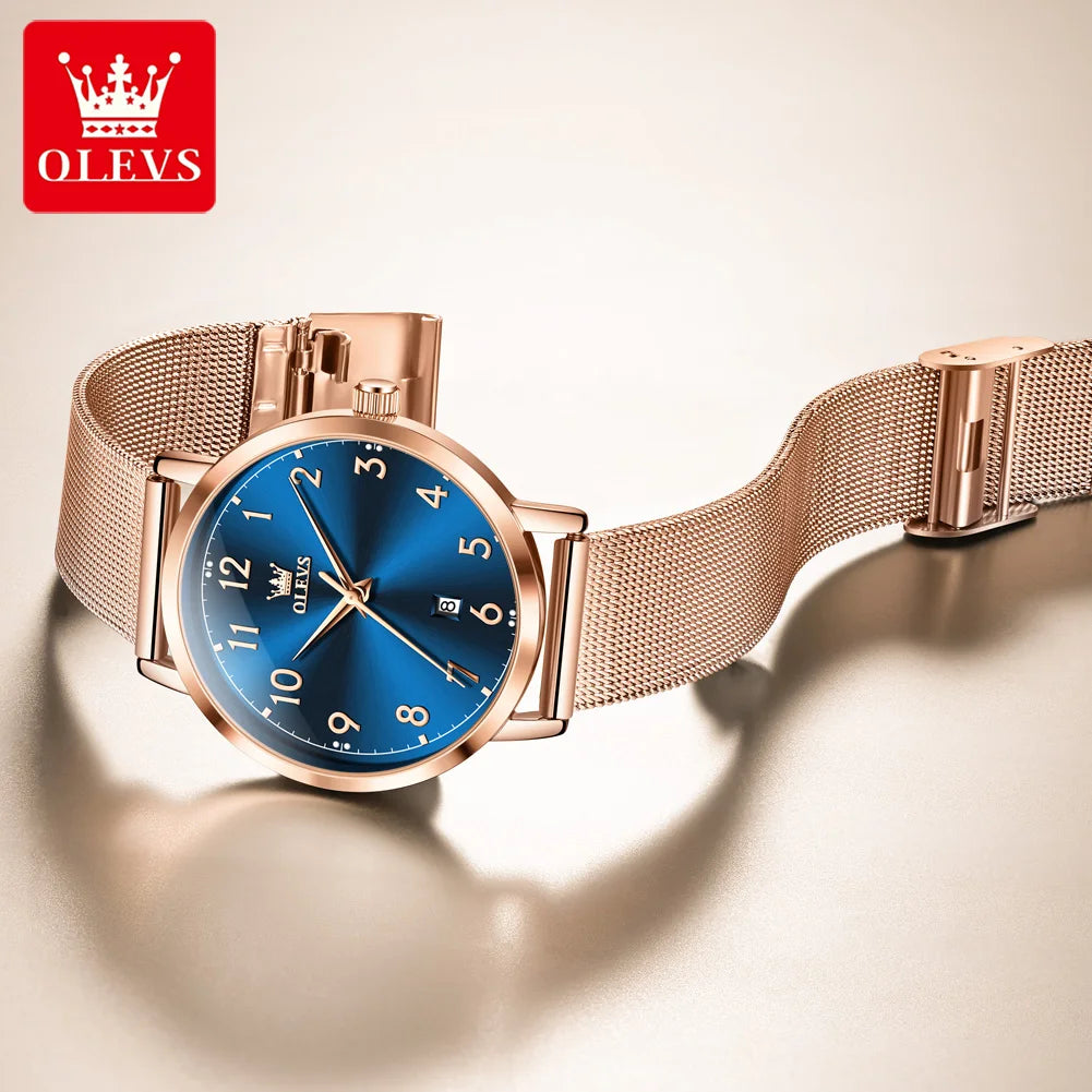 Reloj para mujer OLEVS 5653 con correa de malla, cronógrafo de cuarzo original, fecha, resistente al agua y luminoso.