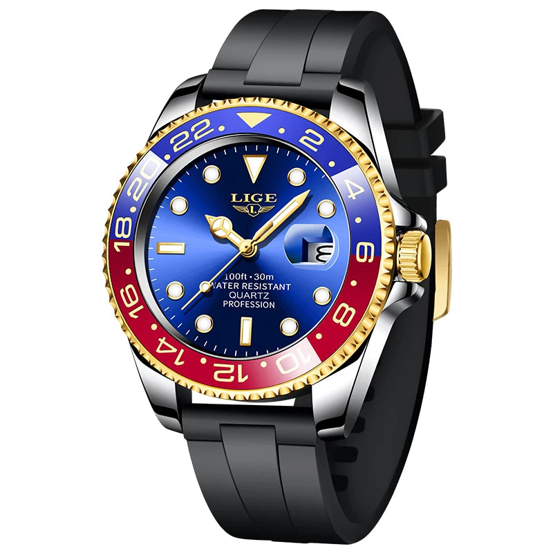 LIGE Reloj de cuarzo de lujo para hombre, marca de moda, de negocios, luminoso, impermeable, de acero, reloj deportivo, regalo para hombre