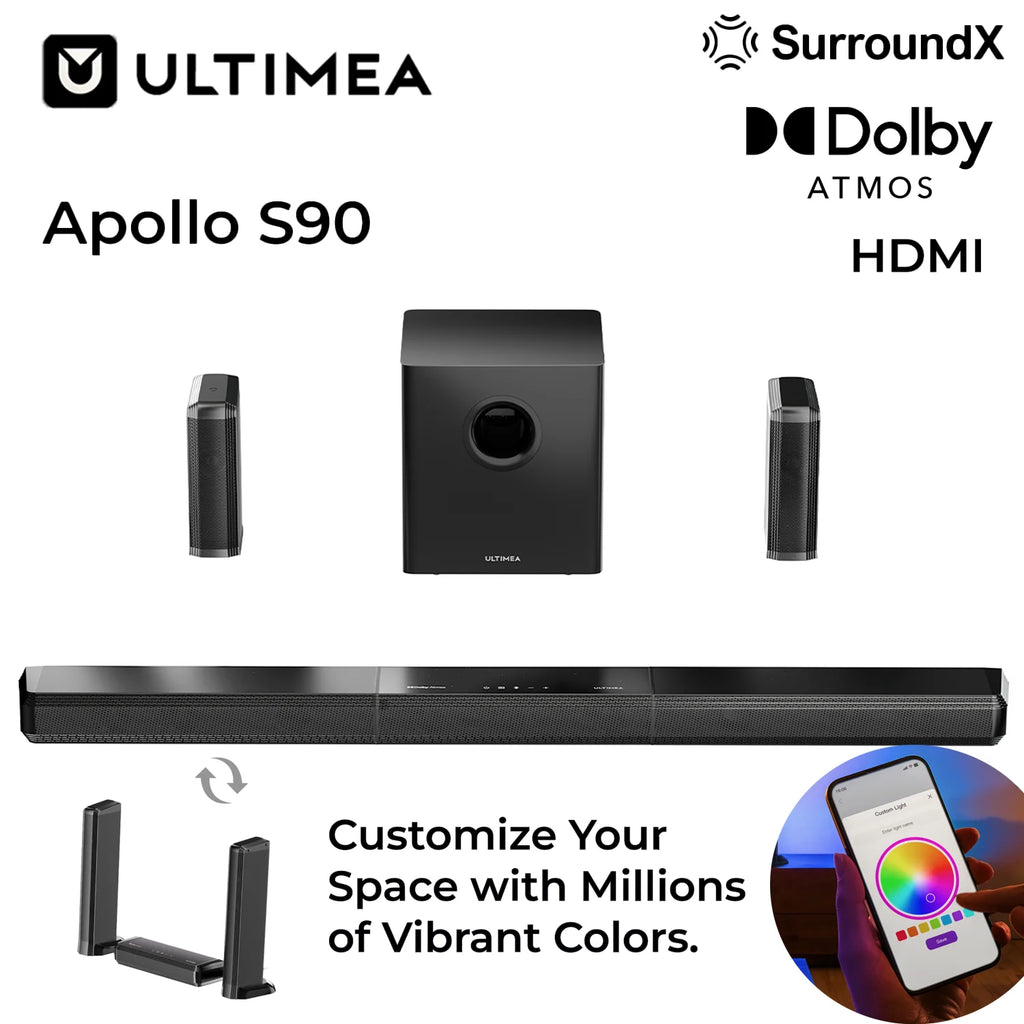 ULTIMEA Apollo S90 Barra de Sonido Desmontable 9.1ch Dolby Atmos, Sistema de Cine en Casa Premium para TV con Subwoofer Inalámbrico, Luz Ambiental RGB, Sonido Envolvente Inmersivo