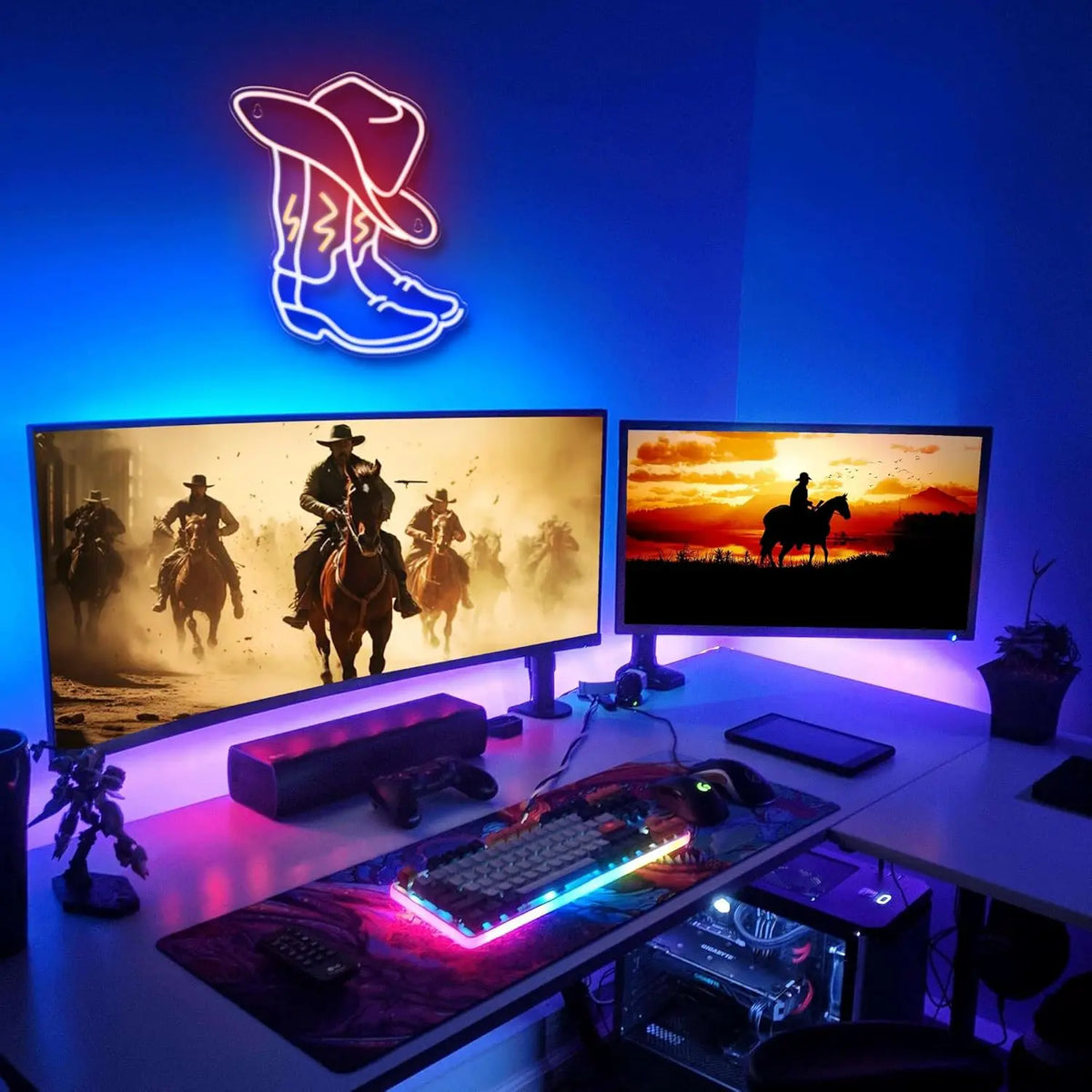 Cartel de neón LED de botas vaqueras y sombrero, luz naranja y azul en pared
