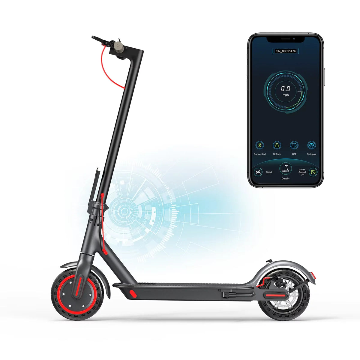 Patinete eléctrico plegable negro con neumáticos de panal y panel de control
