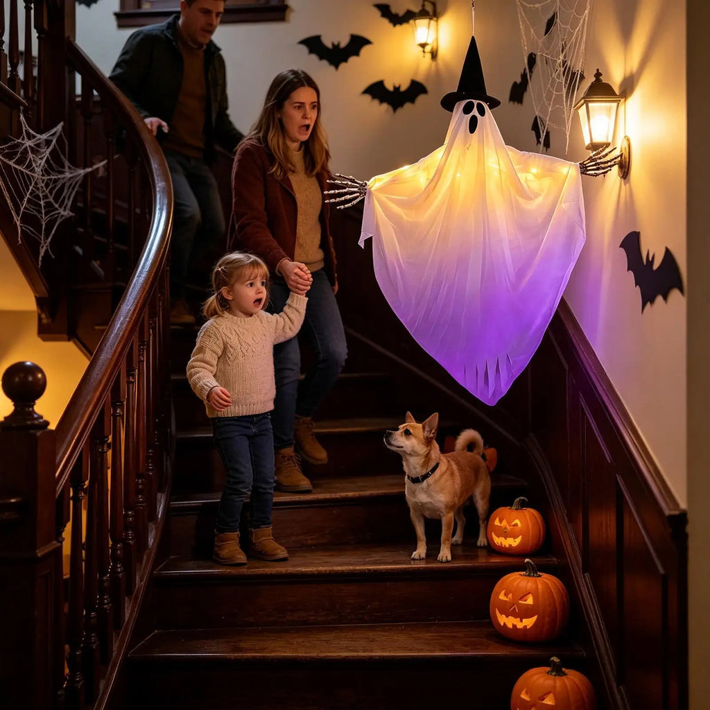 Large LED Glowing Hanging Ghost Decoration Swing Spooky Skull Ornament Reusable Prop for Haunted House Halloween Party Decor