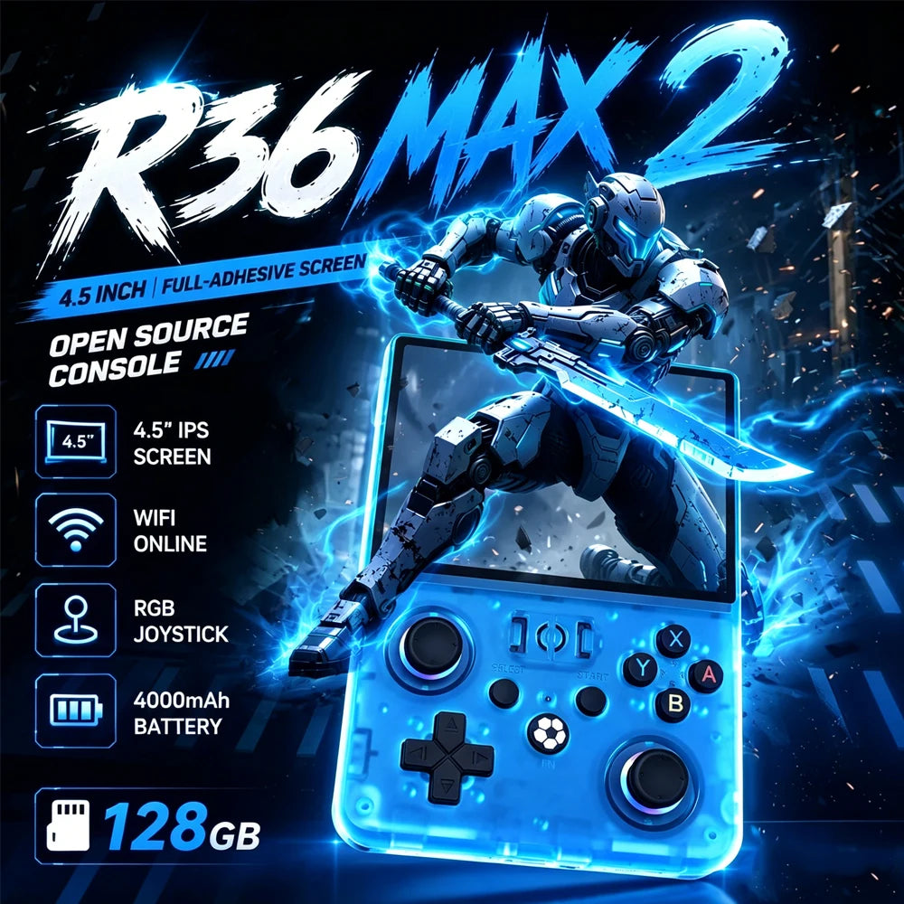 Nueva consola de juegos portátil retro R36MAX de 4,5 pulgadas con pantalla IPS HD, sistema Linux de código abierto y 2 joysticks